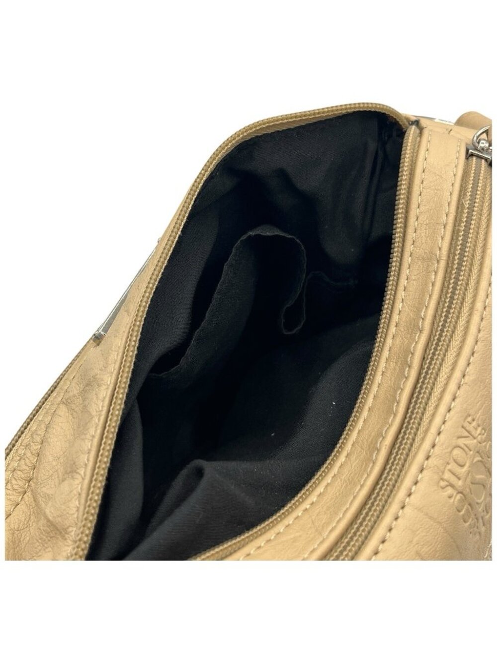 Stone & Co Cross Body Shoulder Bag Beige & Black Multi Zipper Faux Leather - Picture 15 of 16
